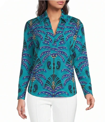 Jude Connally Francine Decorative Frond Peacock Print Point Collar Long Sleeve Top