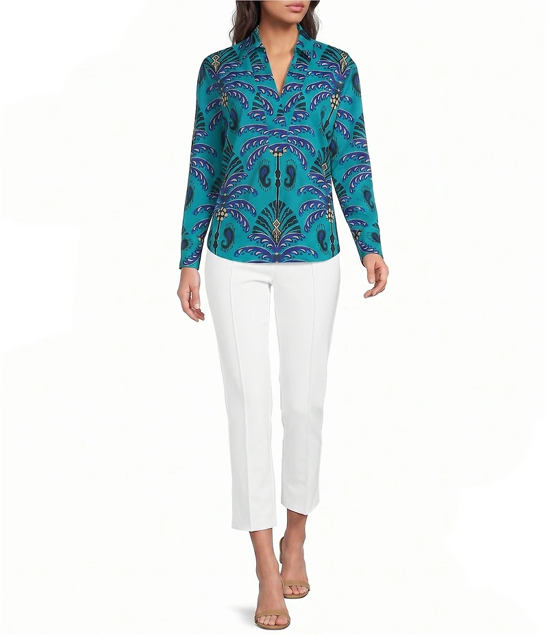 Jude Connally Francine Decorative Frond Peacock Print Point Collar Long Sleeve Top