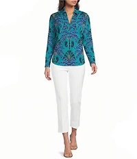 Jude Connally Francine Decorative Frond Peacock Print Point Collar Long Sleeve Top