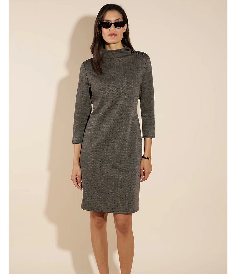 Jude Connally Gertie Glen Plaid Knit Funnel Neck 3/4 Sleeve Dress