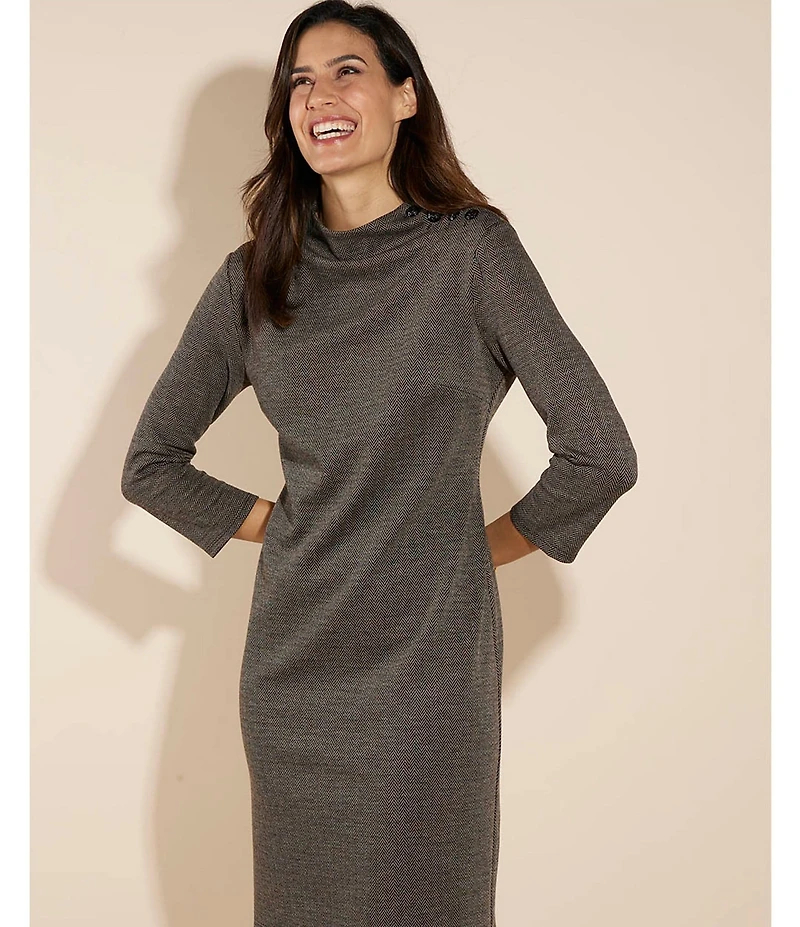 Jude Connally Gertie Glen Plaid Knit Funnel Neck 3/4 Sleeve Dress