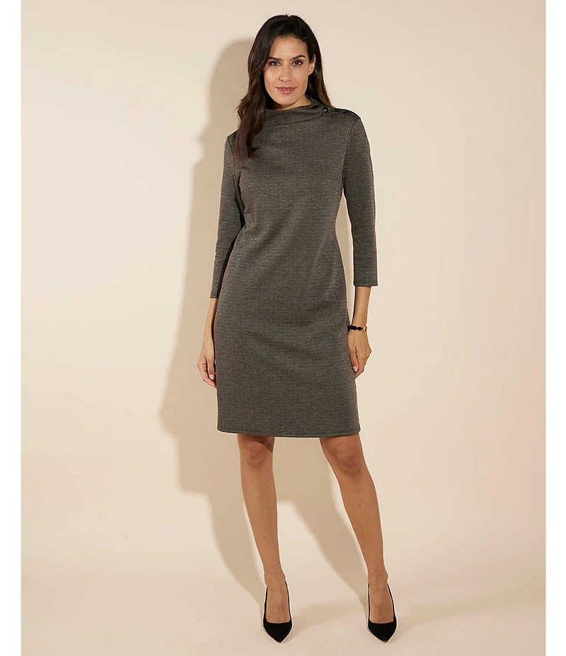 Jude Connally Gertie Glen Plaid Knit Funnel Neck 3/4 Sleeve Dress