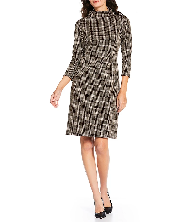Jude Connally Gertie Glen Plaid Knit Funnel Neck 3/4 Sleeve Dress
