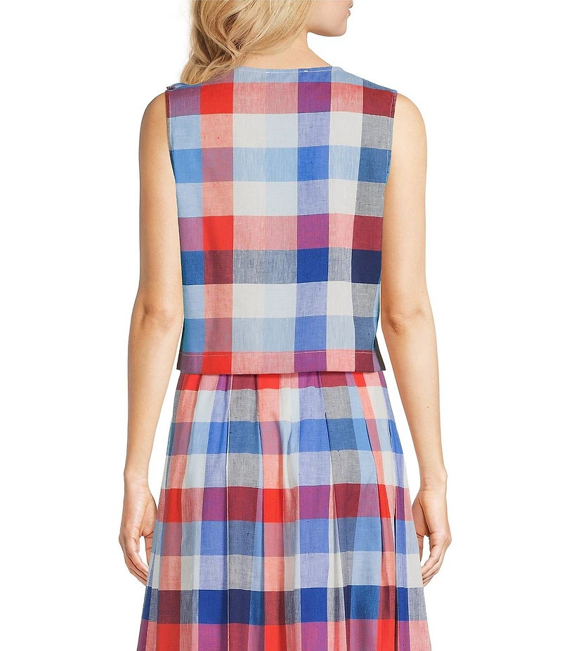 Jude Connally Gretel Montauk Plaid Linen Blend Crew Neck Sleeveless Coordinating Top