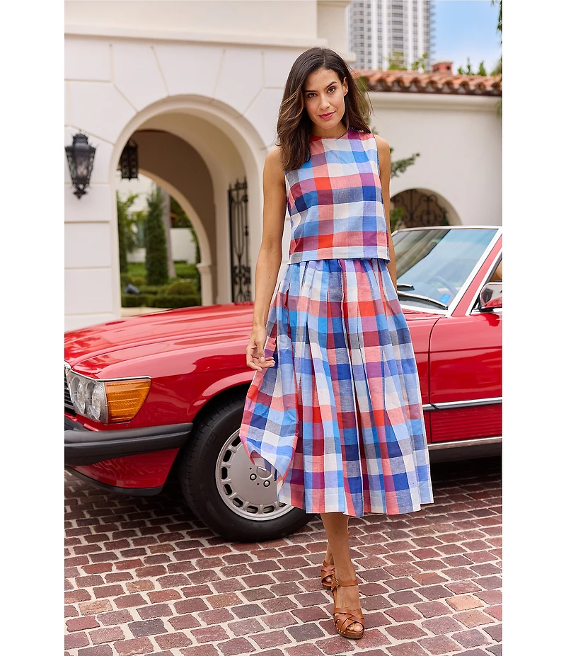 Jude Connally Gretel Montauk Plaid Linen Blend Crew Neck Sleeveless Coordinating Top