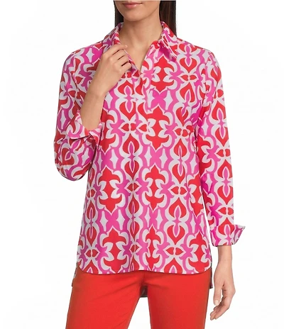 Jude Connally Hadley Geo Fleur Print Jude Cloth Knit Point Collar Long Split Roll Cuff Sleeve Coordinating Tunic