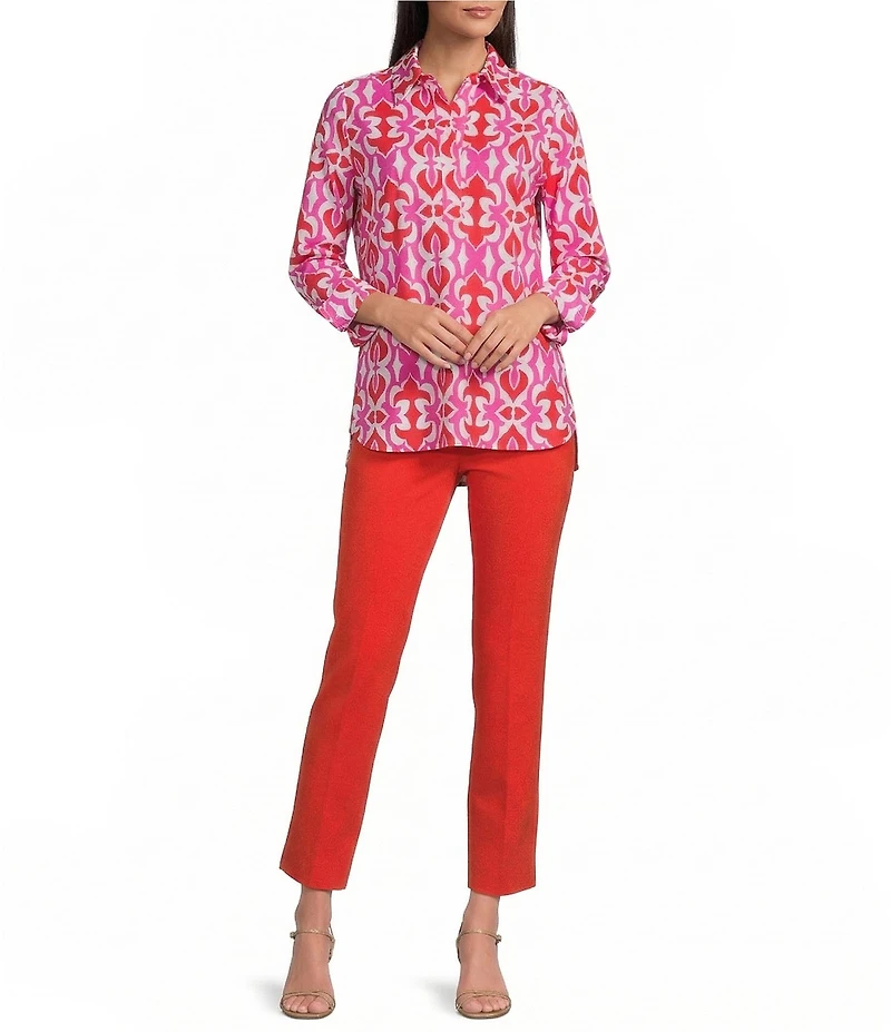 Jude Connally Hadley Geo Fleur Print Jude Cloth Knit Point Collar Long Split Roll Cuff Sleeve Coordinating Tunic