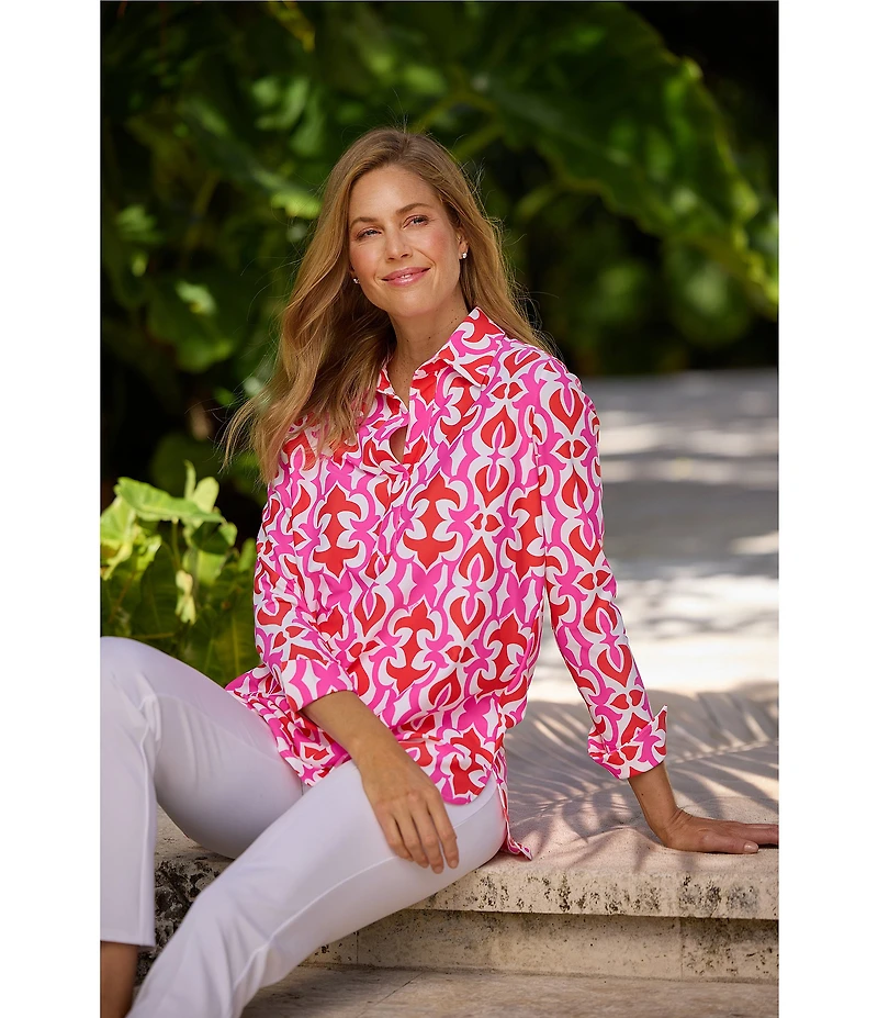 Jude Connally Hadley Geo Fleur Print Jude Cloth Knit Point Collar Long Split Roll Cuff Sleeve Coordinating Tunic
