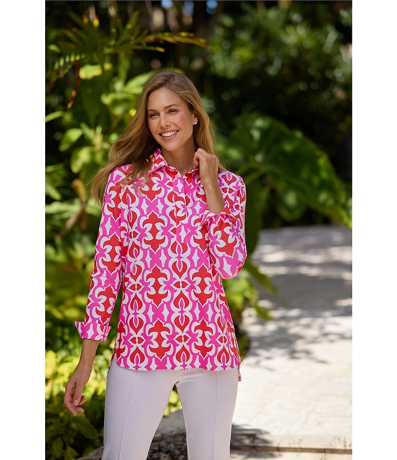 Jude Connally Hadley Geo Fleur Print Jude Cloth Knit Point Collar Long Split Roll Cuff Sleeve Coordinating Tunic