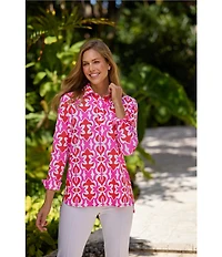 Jude Connally Hadley Geo Fleur Print Jude Cloth Knit Point Collar Long Split Roll Cuff Sleeve Coordinating Tunic