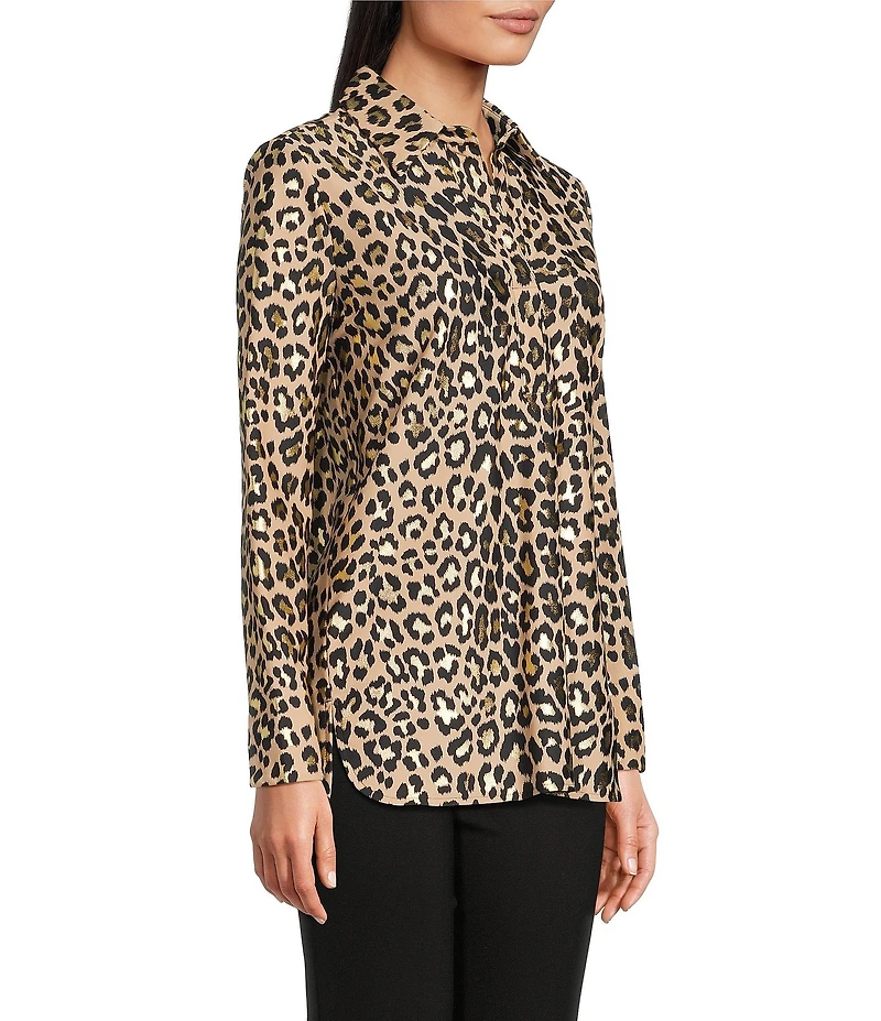 Jude Connally Hadley Guilded Cheetah Print Jude Cloth Knit Point Collar Long Split Roll Cuff Sleeve Coordinating Tunic