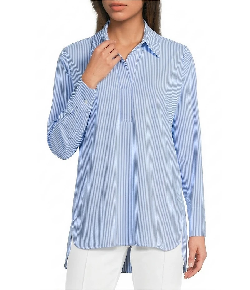 Jude Connally Hadley Pinstripe Print Jude Cloth Knit Point Collar Long Split Roll Cuff Sleeve Coordinating Tunic