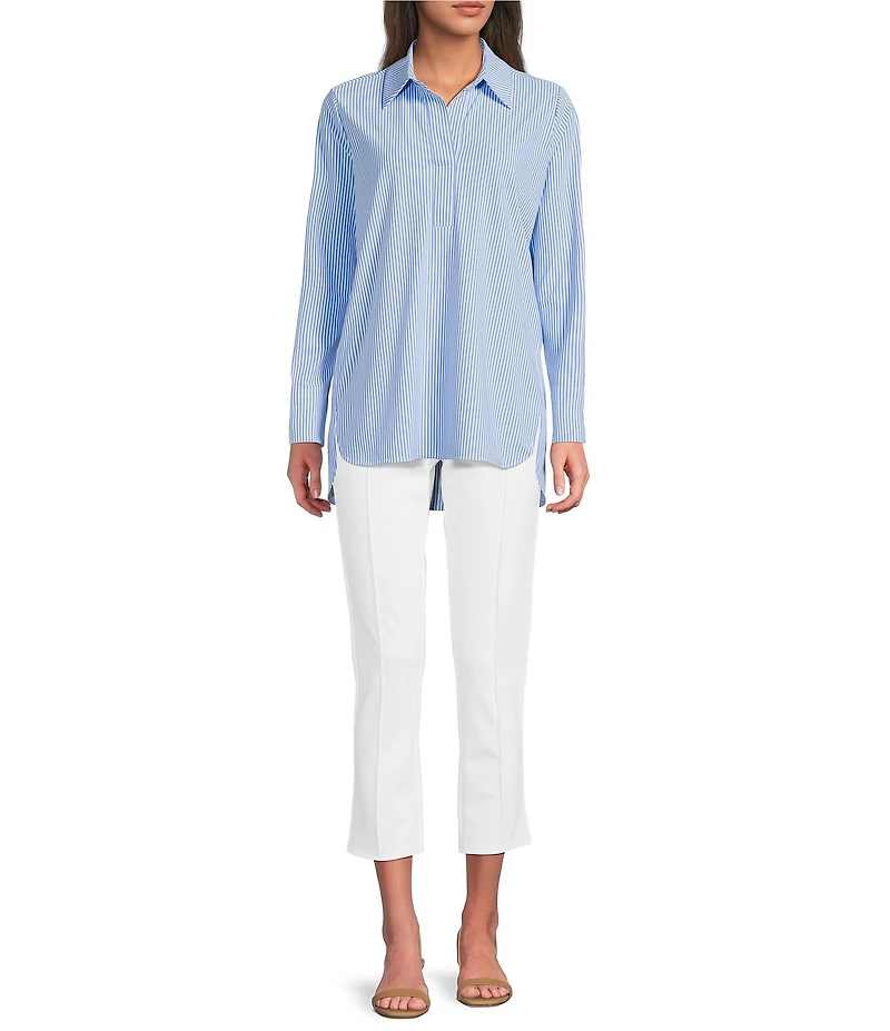 Jude Connally Hadley Pinstripe Print Jude Cloth Knit Point Collar Long Split Roll Cuff Sleeve Coordinating Tunic