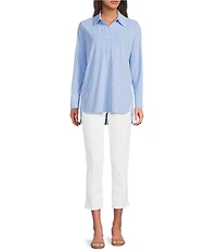 Jude Connally Hadley Pinstripe Print Jude Cloth Knit Point Collar Long Split Roll Cuff Sleeve Coordinating Tunic