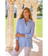 Jude Connally Hadley Pinstripe Print Jude Cloth Knit Point Collar Long Split Roll Cuff Sleeve Coordinating Tunic