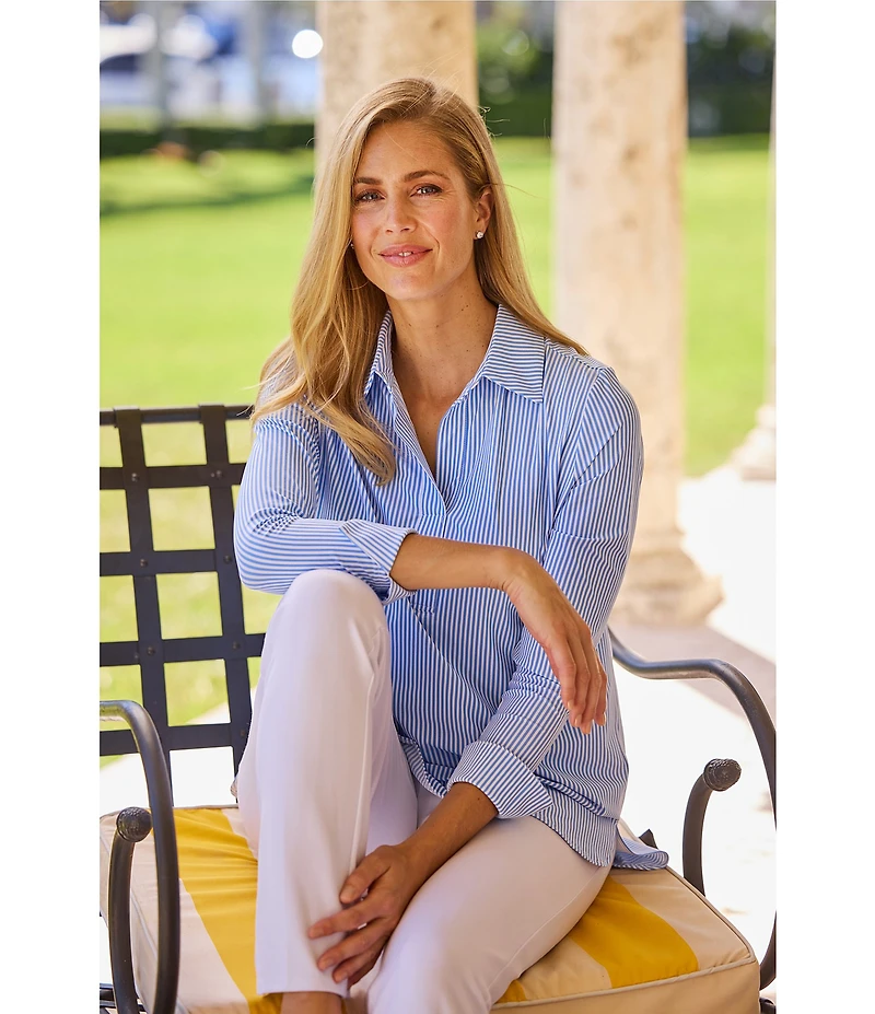 Jude Connally Hadley Pinstripe Print Jude Cloth Knit Point Collar Long Split Roll Cuff Sleeve Coordinating Tunic