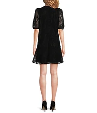 Jude Connally Harper Black Scallop Lace Round Neck Short Puff Sleeve Dress