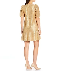 Jude Connally Harper Metallic Flocked Lace Round Neck Short Puff Sleeve Dress