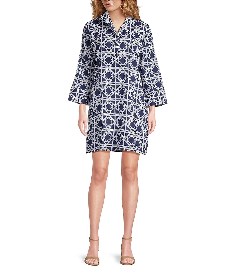 Jude Connally Helen Bamboo Rattan Print Stand Collar Long Sleeve Dress
