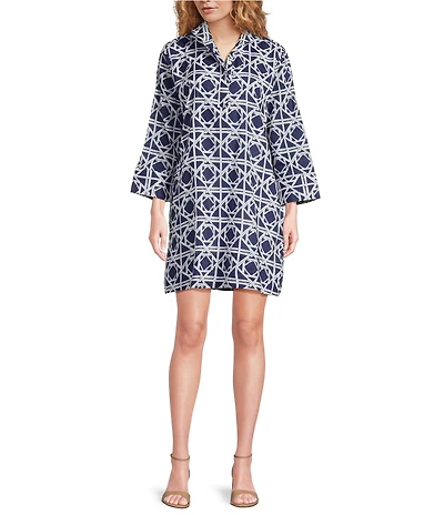 Jude Connally Helen Bamboo Rattan Print Stand Collar Long Sleeve Dress