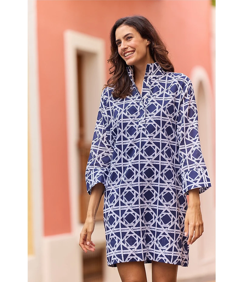 Jude Connally Helen Bamboo Rattan Print Stand Collar Long Sleeve Dress