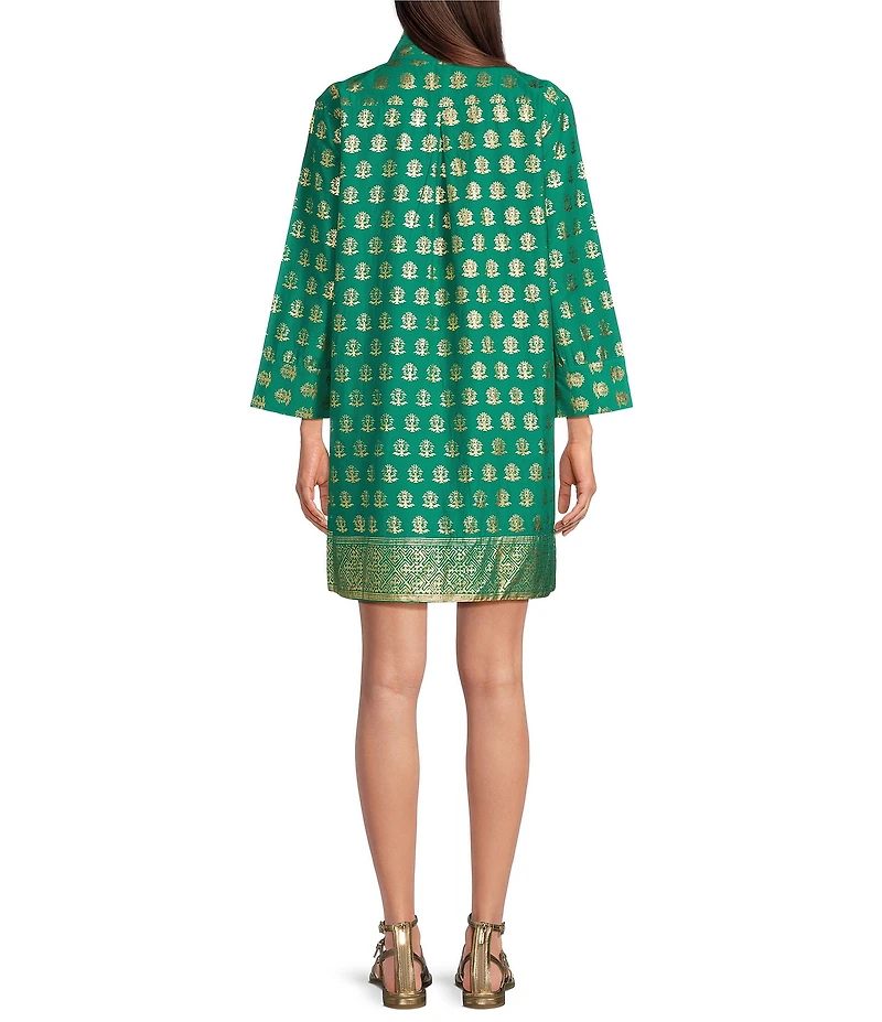 Jude Connally Helen Foiled Foulard Border Print Stand Collar Long Sleeve Dress