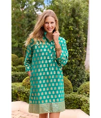 Jude Connally Helen Foiled Foulard Border Print Stand Collar Long Sleeve Dress