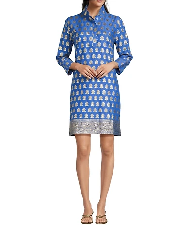 Jude Connally Helen Foiled Foulard Border Print Stand Collar Long Sleeve Dress