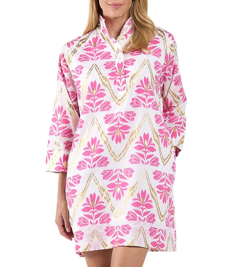 Jude Connally Helen Gilded Floral Print Stand Collar 3/4 Sleeve Dress