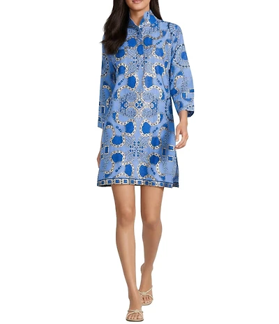 Jude Connally Helen Heritage Chains Print Stand Collar Long Sleeve Dress
