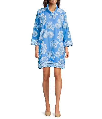 Jude Connally Helen Shoreline Harbor Print Stand Collar Long Sleeve Dress
