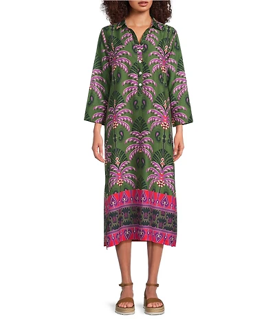 Jude Connally Kallan Decorative Frond Print Point Collar Shift Midi Dress