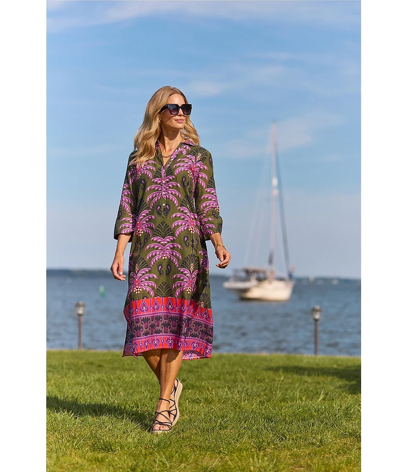 Jude Connally Kallan Decorative Frond Print Point Collar Shift Midi Dress