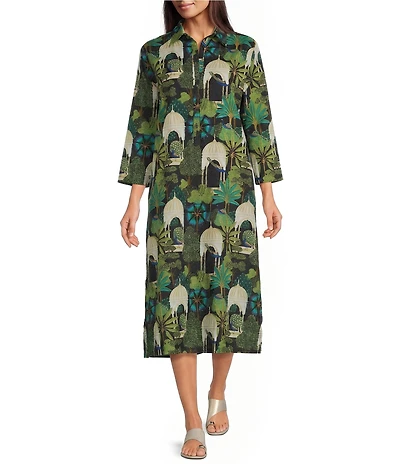 Jude Connally Kallan Peacock Garden Print Point Collar Shift Midi Dress