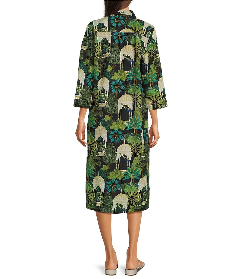 Jude Connally Kallan Peacock Garden Print Point Collar Shift Midi Dress