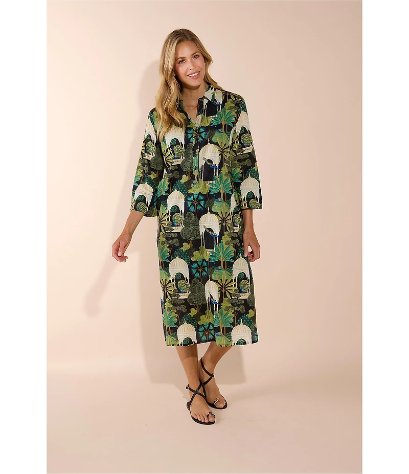 Jude Connally Kallan Peacock Garden Print Point Collar Shift Midi Dress