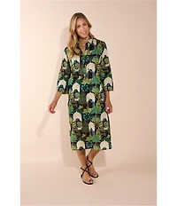 Jude Connally Kallan Peacock Garden Print Point Collar Shift Midi Dress