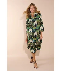 Jude Connally Kallan Peacock Garden Print Point Collar Shift Midi Dress