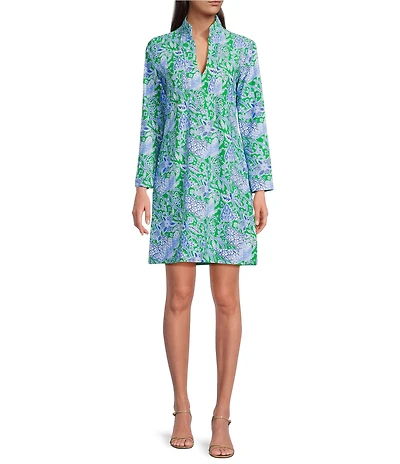 Jude Connally Kate Stretch Knit Butterfly Botanical Print Mandarin Collar Split V-Neck 3/4 Sleeve Shift Dress