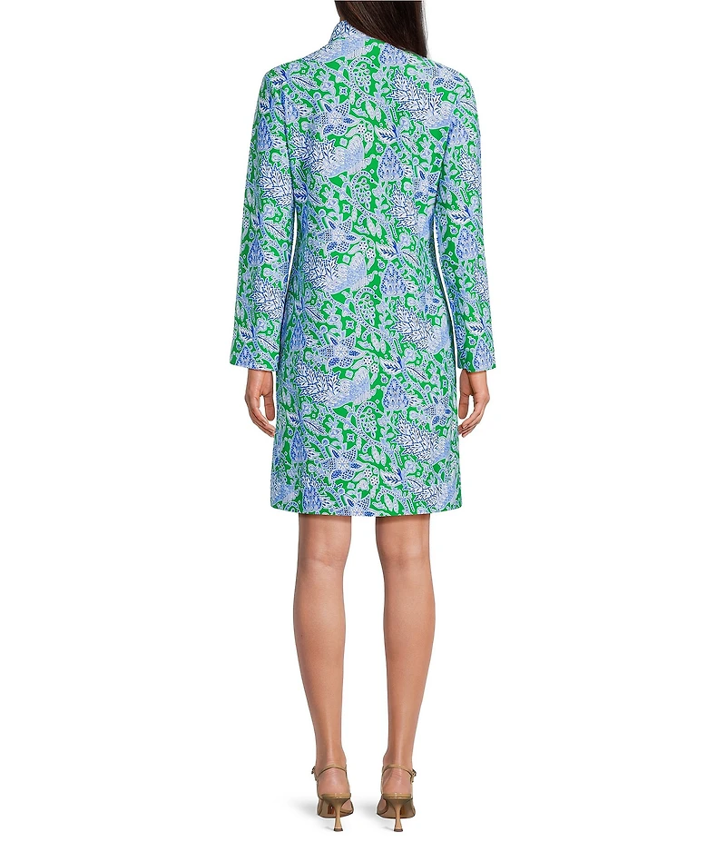 Jude Connally Kate Stretch Knit Butterfly Botanical Print Mandarin Collar Split V-Neck 3/4 Sleeve Shift Dress