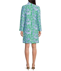 Jude Connally Kate Stretch Knit Butterfly Botanical Print Mandarin Collar Split V-Neck 3/4 Sleeve Shift Dress