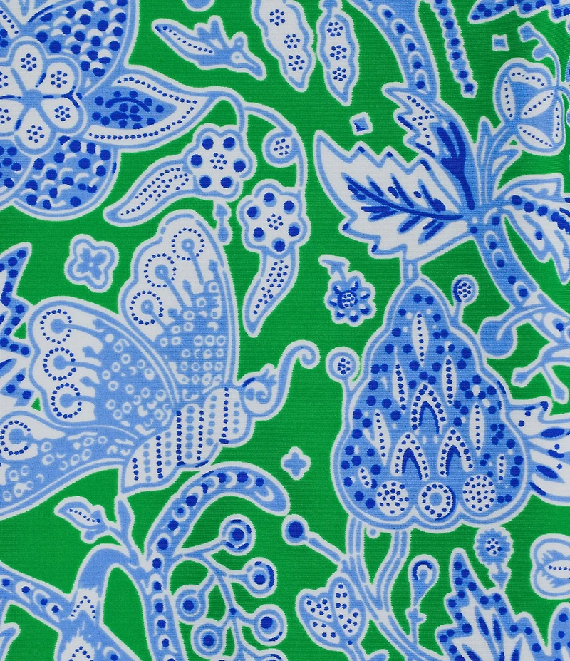 Jude Connally Kate Stretch Knit Butterfly Botanical Print Mandarin Collar Split V-Neck 3/4 Sleeve Shift Dress