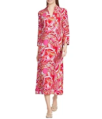 Jude Connally Katie Brushed Jude Cloth Mod Party Peony Print Split V-Neck 3/4 Sleeve Midi Dress