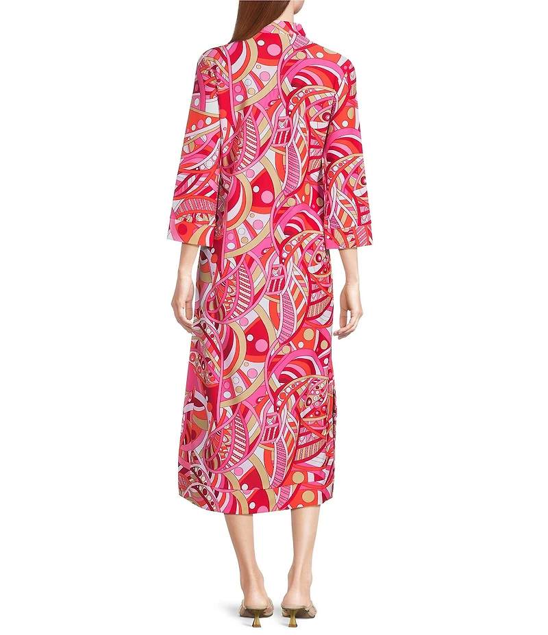 Jude Connally Katie Brushed Jude Cloth Mod Party Peony Print Split V-Neck 3/4 Sleeve Midi Dress