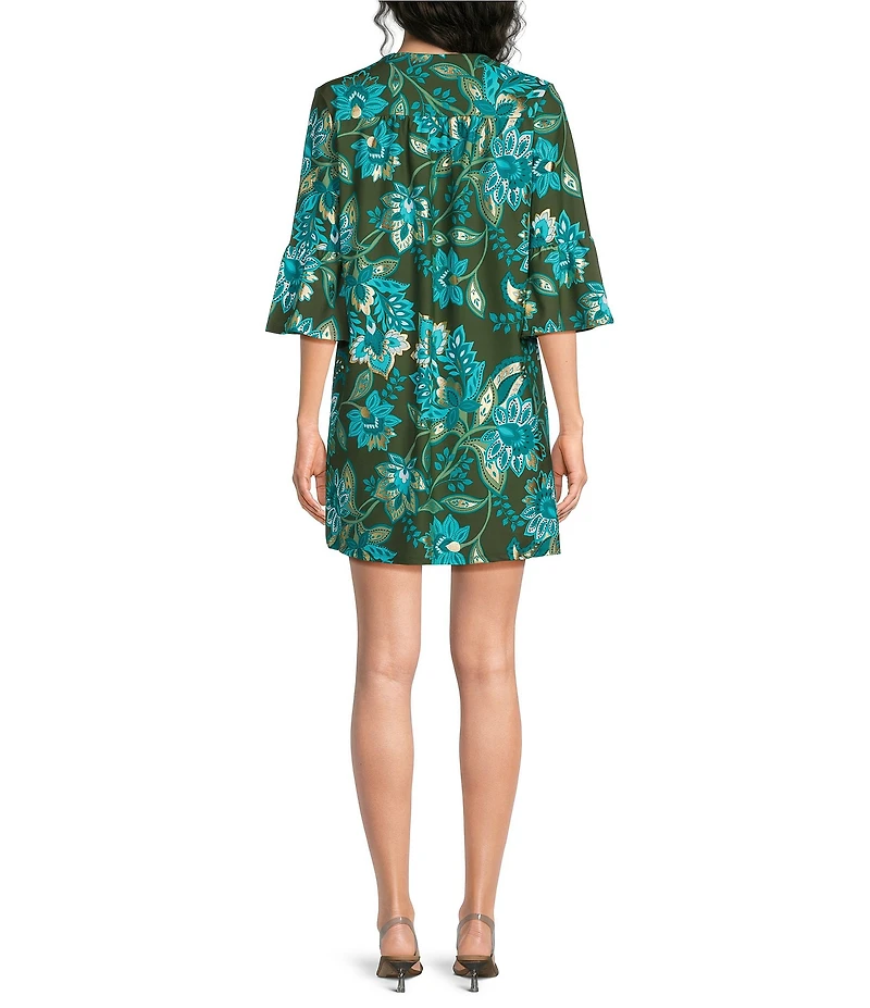 Jude Connally Kerry Boho Floral Print Split V-Neck 3/4 Bell Sleeve Knit Shift Dress