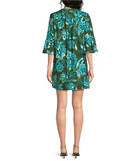 Jude Connally Kerry Boho Floral Print Split V-Neck 3/4 Bell Sleeve Knit Shift Dress