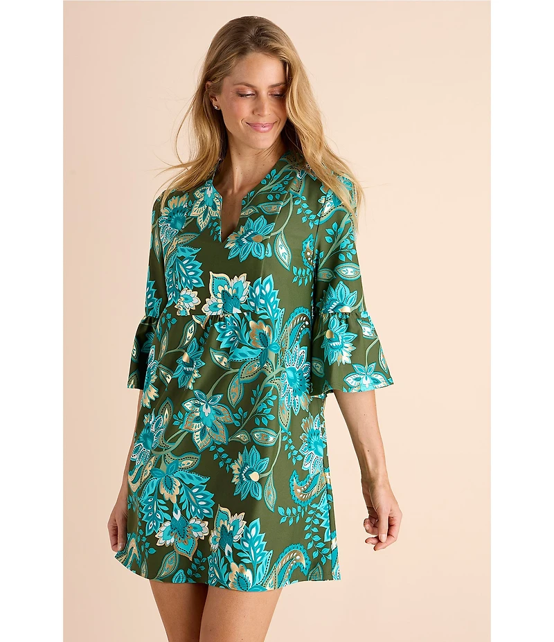 Jude Connally Kerry Boho Floral Print Split V-Neck 3/4 Bell Sleeve Knit Shift Dress