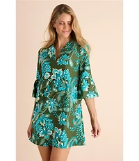 Jude Connally Kerry Boho Floral Print Split V-Neck 3/4 Bell Sleeve Knit Shift Dress
