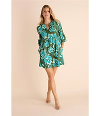 Jude Connally Kerry Boho Floral Print Split V-Neck 3/4 Bell Sleeve Knit Shift Dress
