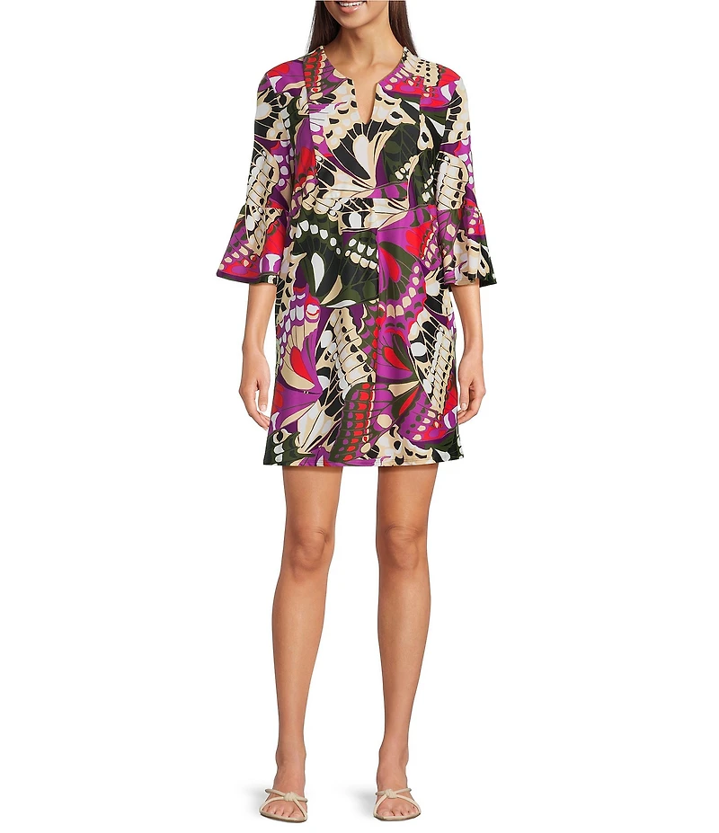 Jude Connally Kerry Butterfly Mosaic Print Split V-Neck 3/4 Bell Sleeve Knit Shift Dress